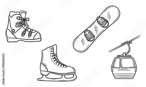 Versatile collection of winter sports gear and mountain transport including snowboard, ski boot, ice skate, and gondola for seasonal recreation promotions and holiday outdoor activity