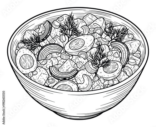 Line art drawing of a hearty mixed salad with boiled egg halves, cubed ingredients, and fragrant dill, excellent for culinary articles and healthy food advertising campaigns.