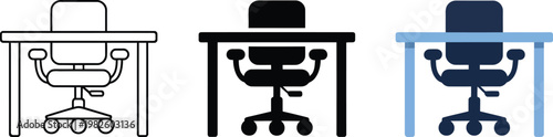 Work desk and office chair in line art, silhouette, and colorful flat design vector illustration.