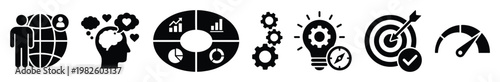 Collection of essential business and growth vector icons depicting global collaboration, empathy, strategic data analysis, process optimization, innovative idea generation, successful