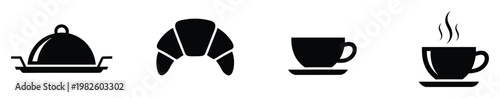 Versatile breakfast and meal service icons featuring a covered serving dish, classic croissant, and steaming hot coffee cups, ideal for various hospitality and food industry applications