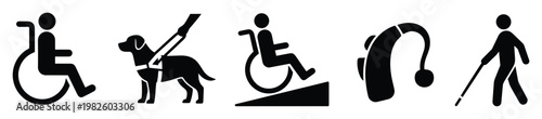 Inclusive set of black silhouette icons depicting various disabilities and accessibility aids, perfect for public signage, informational graphics, and awareness campaigns