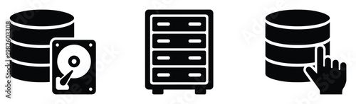Modern black glyph icons representing data storage, server management, and database interaction for digital technology, cloud computing, and information systems projects.