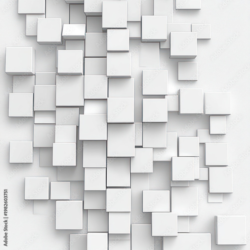 Obraz premium minimalist composition of overlapping white three-dimensional cubes in a staggered grid casting soft shadows, creating a calm orderly abstract geometric relief