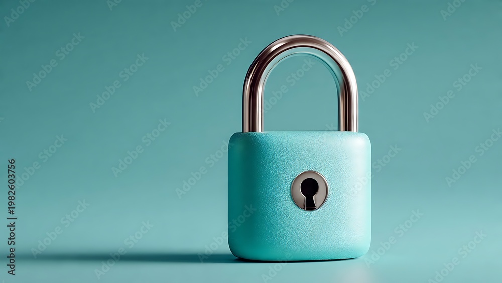 Fototapeta premium Teal padlock stands on a minimalist surface to represent digital security and data protection for modern business websites and cyber safety concepts today online