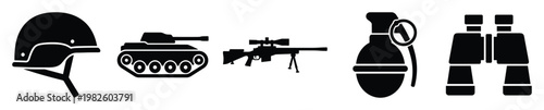 Essential military equipment set featuring a soldier helmet, armored tank, precision sniper rifle, explosive hand grenade, and powerful binoculars for defense and tactical themes.