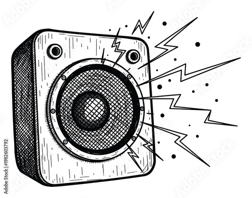 Dynamic handdrawn speaker with energetic lightning bolts and dots symbolizing powerful sound, perfect for music event promotions, party flyers, or audio technology presentations.