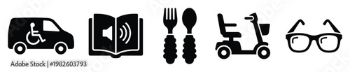 Disability accessibility icons including a wheelchair van, audio book, adaptive cutlery, mobility scooter, and eyeglasses, useful for inclusive design and assistive technology services.