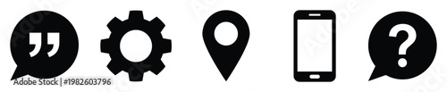 Versatile collection of essential user interface icons representing communication quotes settings location mobile technology and frequently asked questions for various digital and print