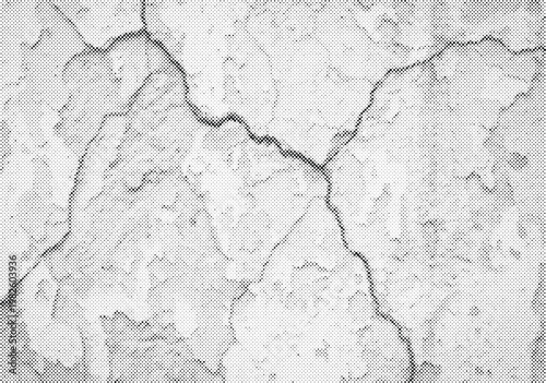 Cracked plaster wall halftone vector texture background with grainy stipple effect for damaged surface design