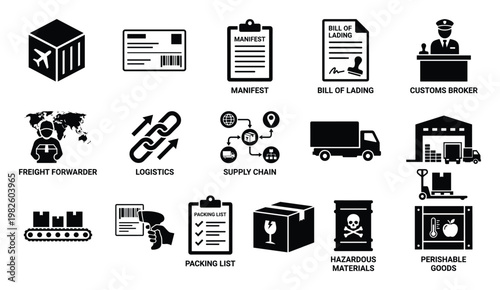 Comprehensive set of logistics and supply chain icons illustrating global freight forwarding, warehousing, and transportation processes perfect for business presentations and operational