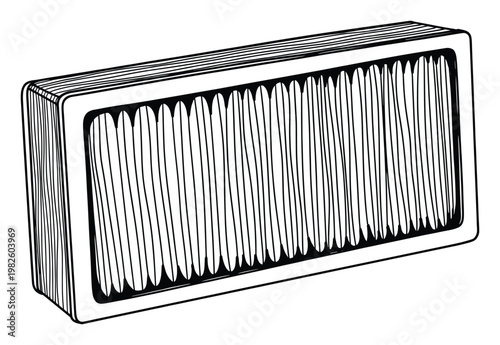 Detailed line art depiction of a rectangular pleated filter element, ideal for technical diagrams, industrial design resources, and conceptual machinery graphics