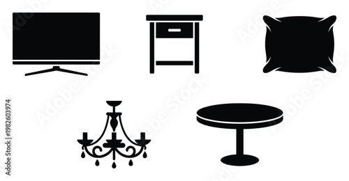 Versatile collection of essential household item silhouettes including a television, nightstand, pillow, chandelier, and round table for various graphic projects