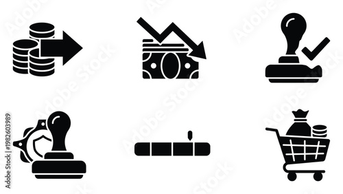 A versatile set of financial and business glyph icons depicting money transfer, economic downturn, official approval, secure processing, progress indicator, and online shopping for digital