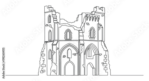 Continuous line drawing of an ancient ruined building structure, depicting historical architecture and remnants of a majestic old castle or church for educational resources and historical