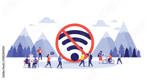 Digital detox concept showing people in a landscape with a large prohibited wireless signal sign across the view.