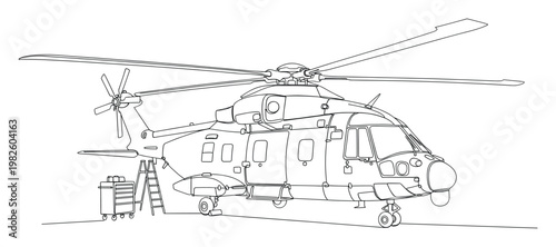 Detailed line drawing of a large multiblade rotor helicopter undergoing technical inspection with maintenance tools perfect for aerospace engineering diagrams and aviation industry