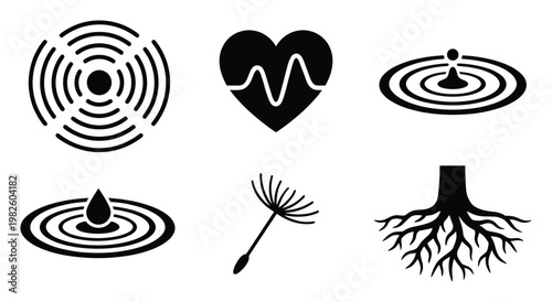 A collection of essential glyphs depicting natural forces like water ripples, sound waves, heart beat, tree roots, and a dandelion seed, suitable for graphic design, wellness, and