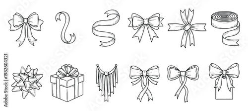 Collection of handdrawn outline decorative gift bows, curly ribbons, and wrapped present box perfect for holiday packaging, celebration stationery, and festive event decorations