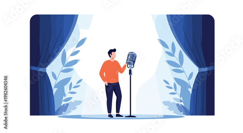 Public speaking performance featuring a man at a vintage microphone on a stage with blue curtains and spotlights.