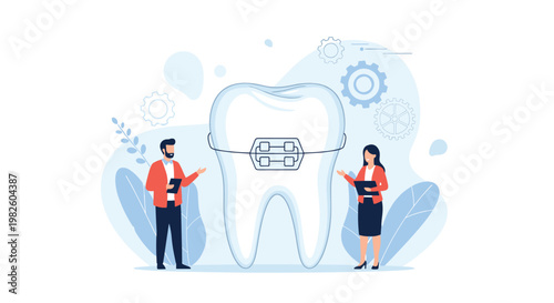 Dental health and orthodontics concept showing a large tooth with metal braces and two professional dentists.