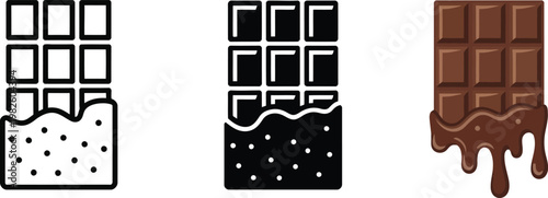 Chocolate bar vector icons set. line art, silhouette, and colorful flat design illustrations.