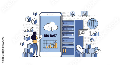 Big data analysis concept featuring a woman using a smartphone next to server racks and floating binary data cubes.