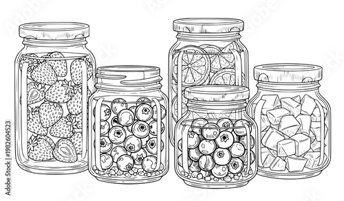A vector illustration of five glass jars filled with various fruits and candies