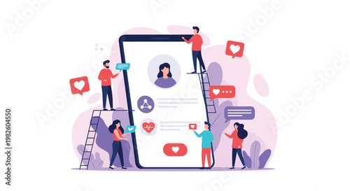 Social media management concept with tiny people interacting with profiles and like icons on a large smartphone.