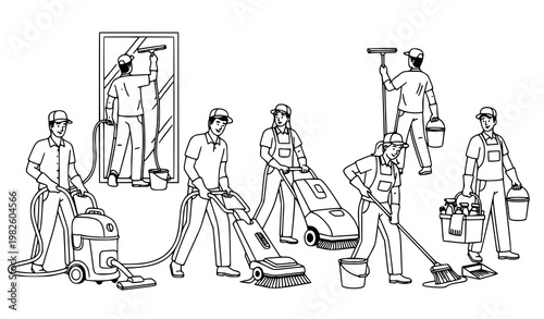 A vector illustration of various janitors and cleaners at work with equipment