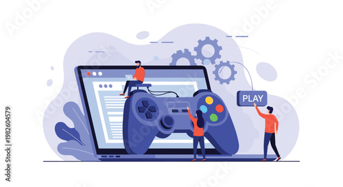 Online gaming concept showing people playing with a giant console controller in front of a laptop screen display.