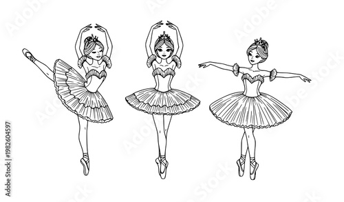 A vector illustration of three ballerinas in different dance poses