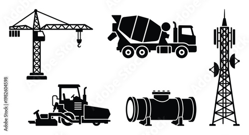 Black silhouettes of essential construction vehicles like a tower crane, concrete mixer truck, and asphalt paver, along with a communication tower and industrial pipe, for architectural