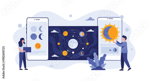 Astronomy education app showing people observing solar and lunar eclipse phases on a smartphone and monitor.