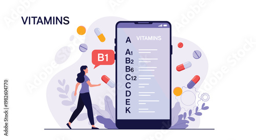 Vitamin supplement guide app showing a woman walking past a large smartphone with a list of essential nutrients.