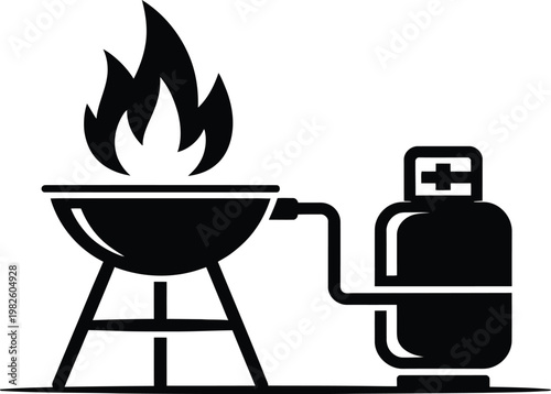 Barbecue grill silhouette connected to gas tank cylinder with flame burning for outdoor cooking fun.