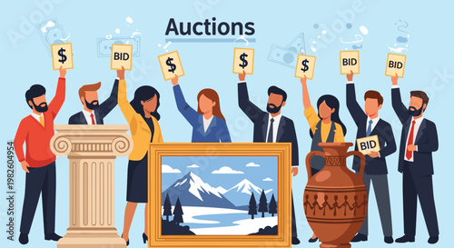 Art auction event where people raise bid paddles to buy a beautiful mountain landscape painting and an ancient ceramic vase.