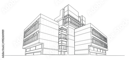 Perspective line drawing of a multistory modern architecture building showcasing bold geometric shapes suitable for urban development presentations and architectural design concepts.