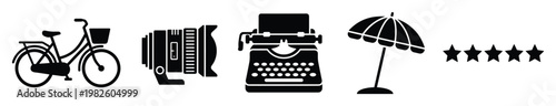 Versatile black silhouette icon set featuring a classic bicycle, modern camera lens, antique typewriter, relaxed beach umbrella, and five star rating symbol for diverse graphic applications