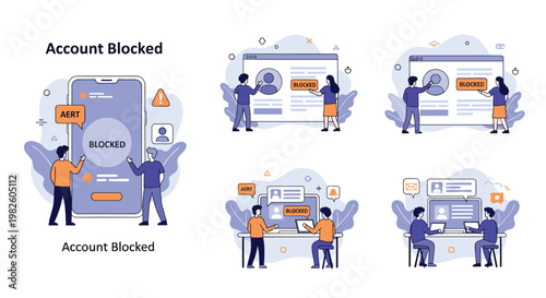 Mobile account blocked and security warning notifications shown through several scenes of users encountering restricted access.