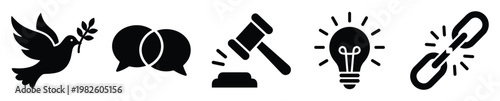 Graphic symbols illustrating concepts such as peace dialogue legal matters new ideas and independence suitable for presentations and digital media applications