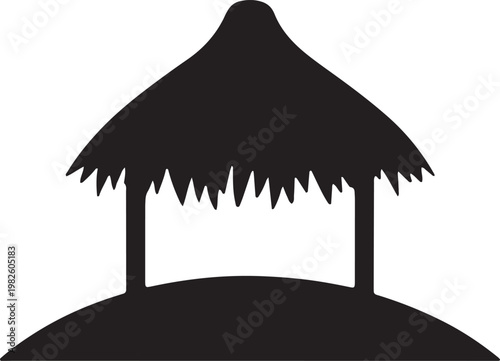 Silhouette of tropical tiki hut or gazebo on small hill isolated on transparent background