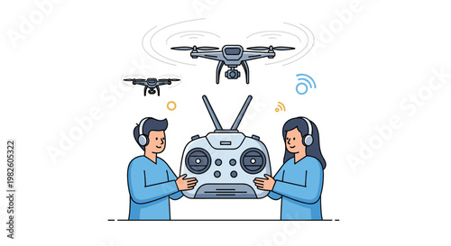 Two people collaborate to operate multiple professional drones using a large remote control device with dual antennas.