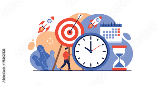 Effective time management and productivity concept featuring a giant wall clock calendar target and focused business person.
