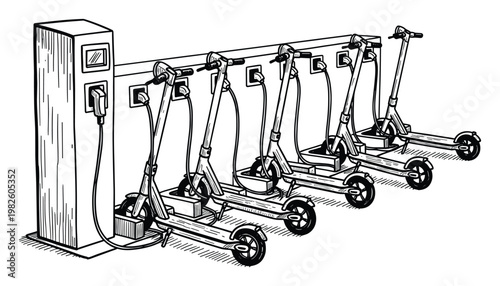 Electric scooters charging at a dedicated station in an urban environment, symbolizing modern sustainable transportation, shared mobility, and ecofriendly city living solutions.