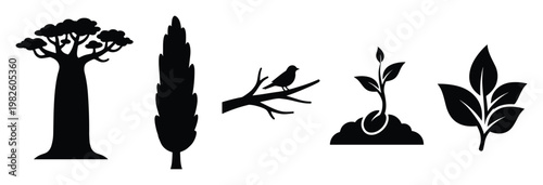Diverse nature themed collection of tree and plant silhouettes including a baobab, cypress, bird on branch, sprouting seedling, and vibrant leaves for ecological and environmental graphic