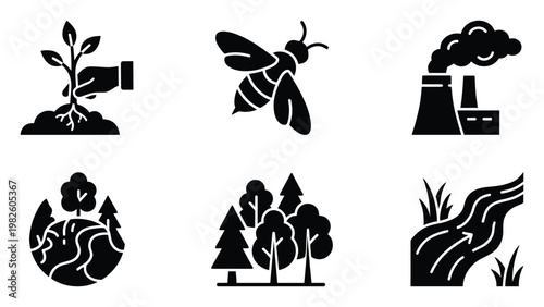 Environmental protection and nature conservation icons depicting planting, wildlife, industry, forests, and rivers perfect for ecofriendly projects, education, and sustainable campaigns.