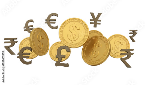 Vector Set of Currency Coins with Dollar, Euro, Pound, Yen, and Rupee Symbols for Financial, Banking, and Money Designs