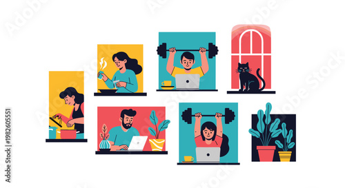 Diverse group of people staying active and productive at home by working out cooking and using laptops during quarantine.