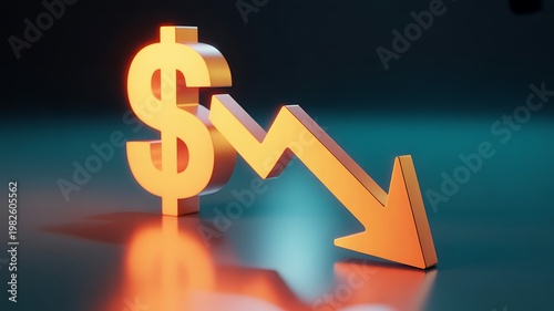3D dollar sign, declining graph arrow, financial crisis, economic downturn